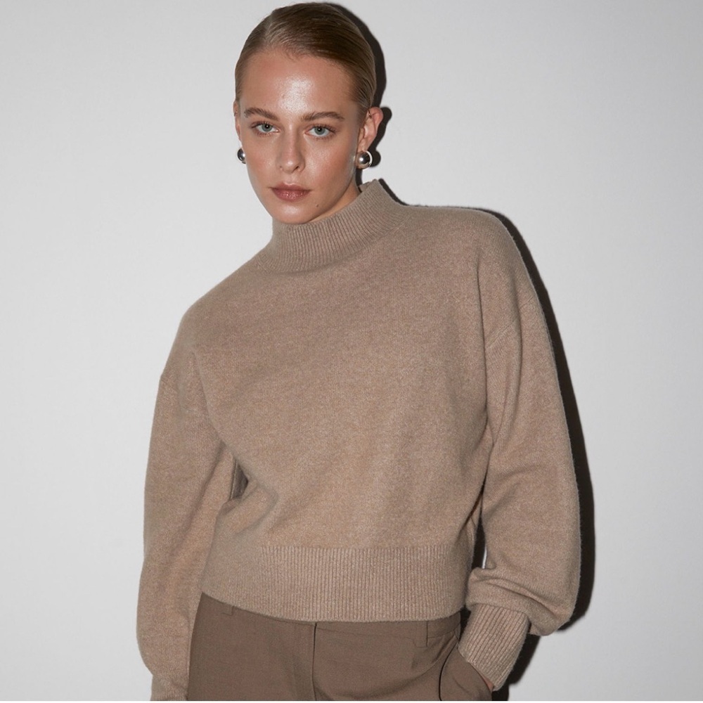 & Other Stories XS Mock Neck Sweater Brown Tan Ribbed Trim Long Sleeve
